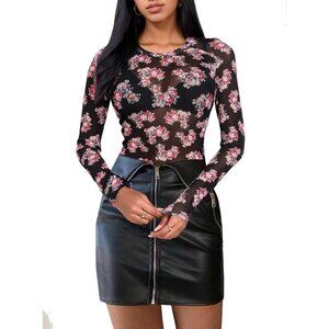 🆕Women Black Floral Mesh Top Polyester Crew Neck Long Sleeve Sexy See Through